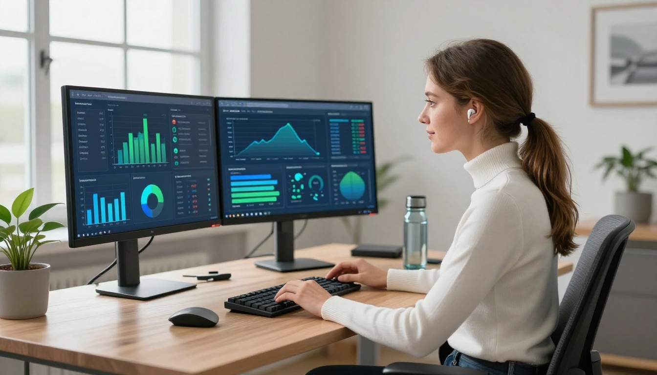 Focused professional reviewing analytics dashboards on dual monitors at a home office
