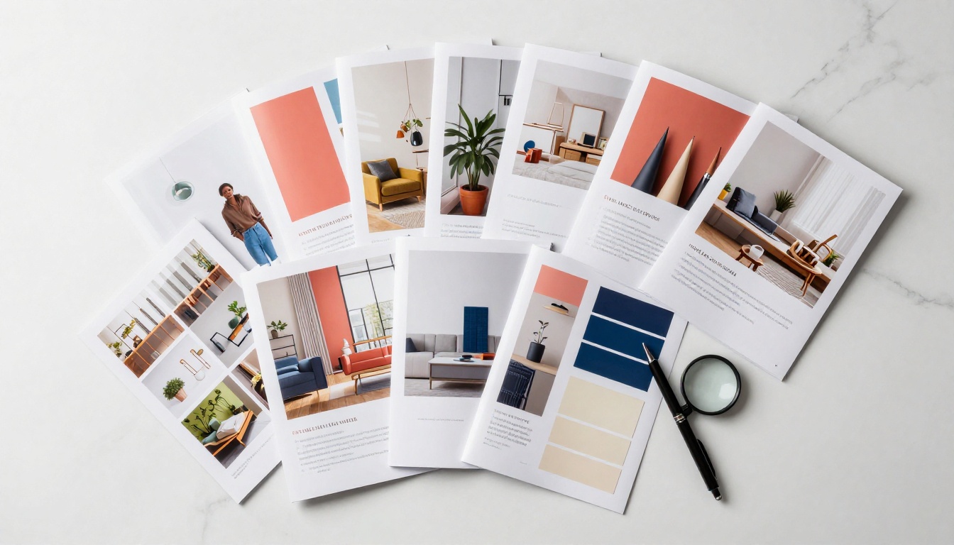 Flat-lay of printed catalog and brochure pages on marble surface