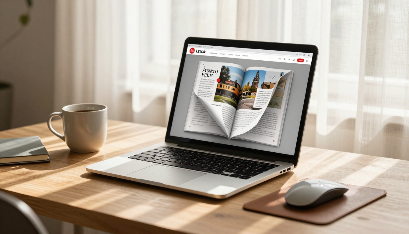 Laptop displaying digital flipbook with page-turn effect