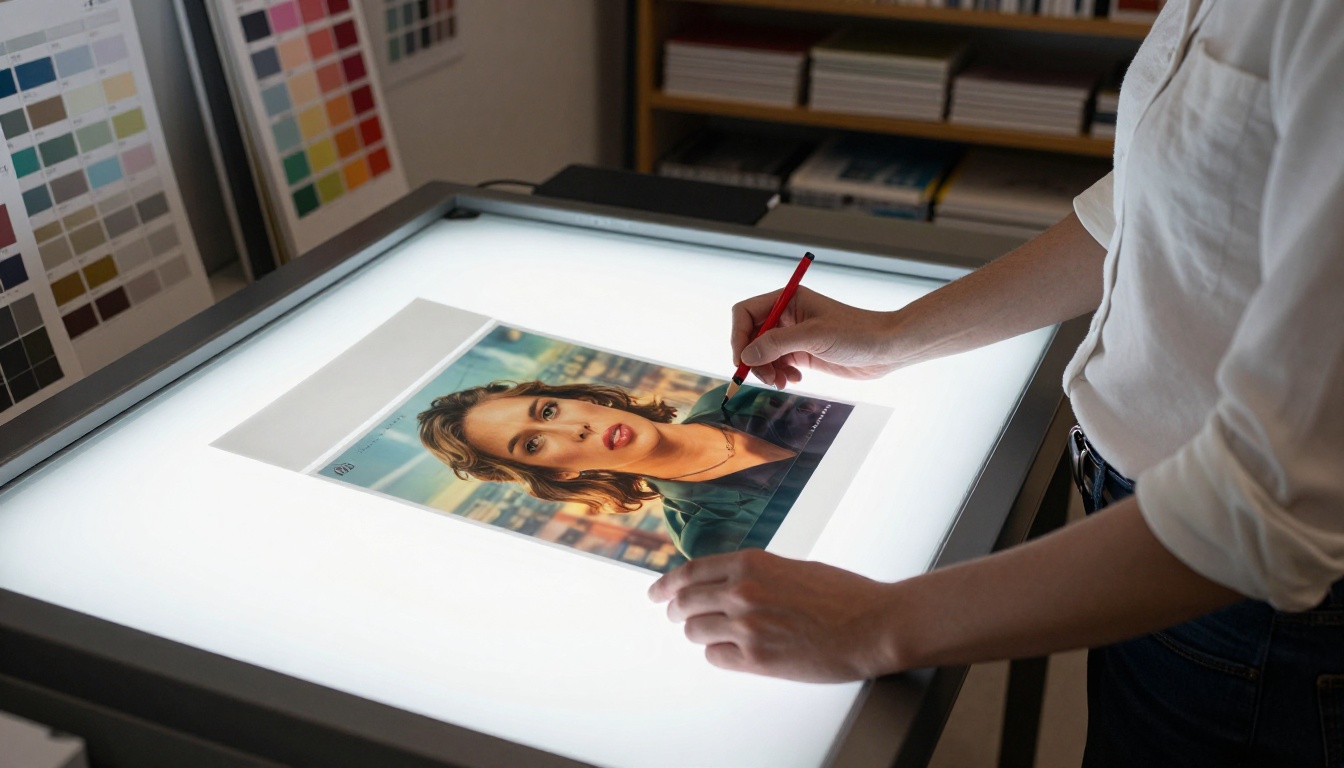 Designer reviewing layout sheets on a light table with Pantone books in background