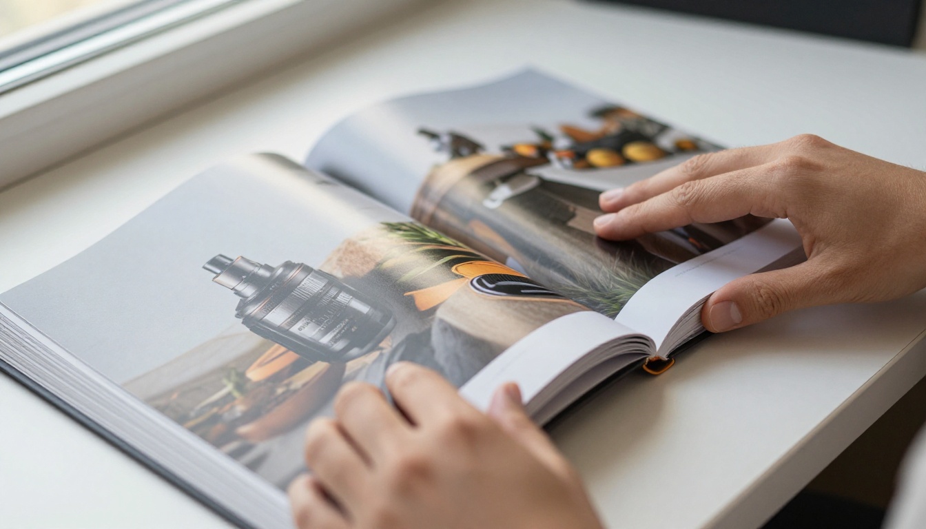 Hands holding open a high-gloss printed portfolio book with vivid photography