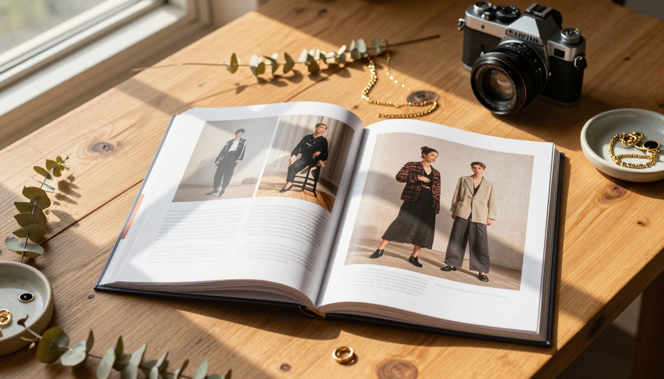 Fashion lookbook spread open on wooden table with lifestyle props and warm light