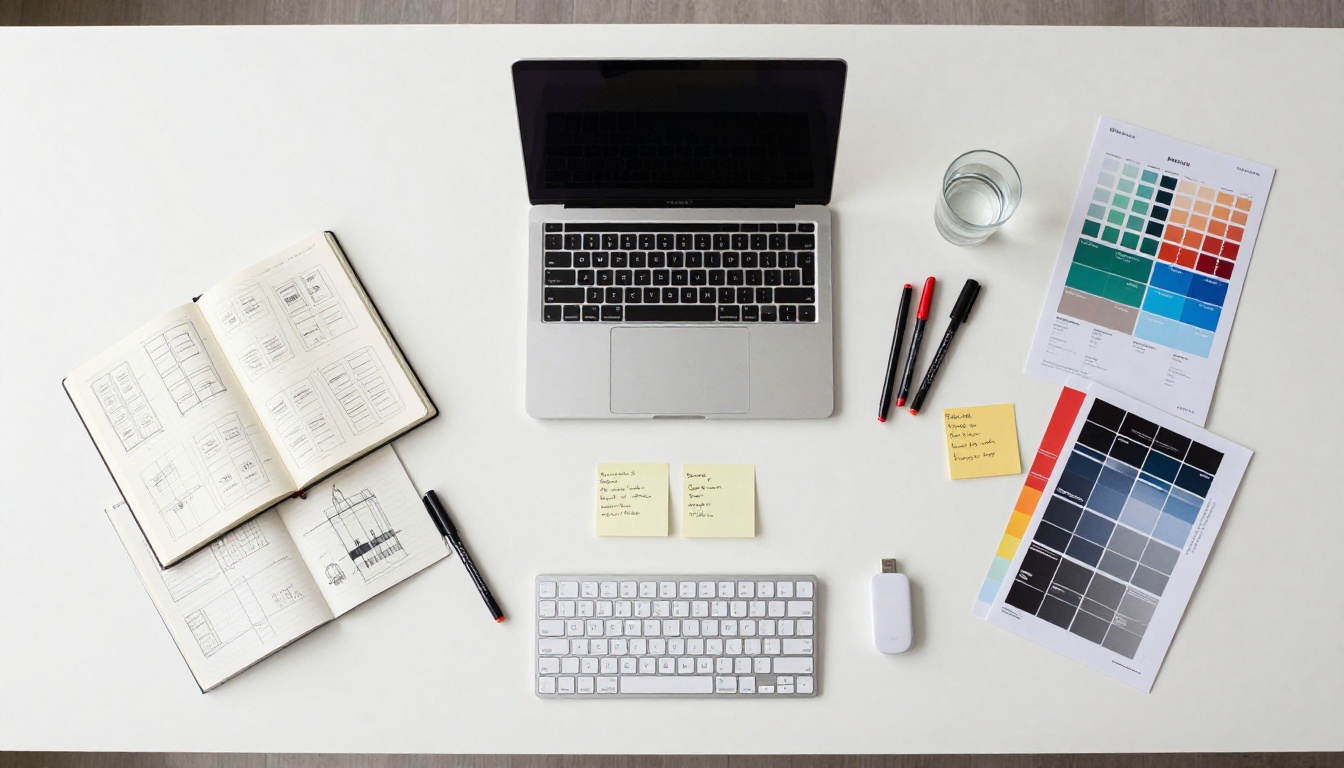 Aerial overhead flat-lay of a creative designer's workspace with printed mockups and tools