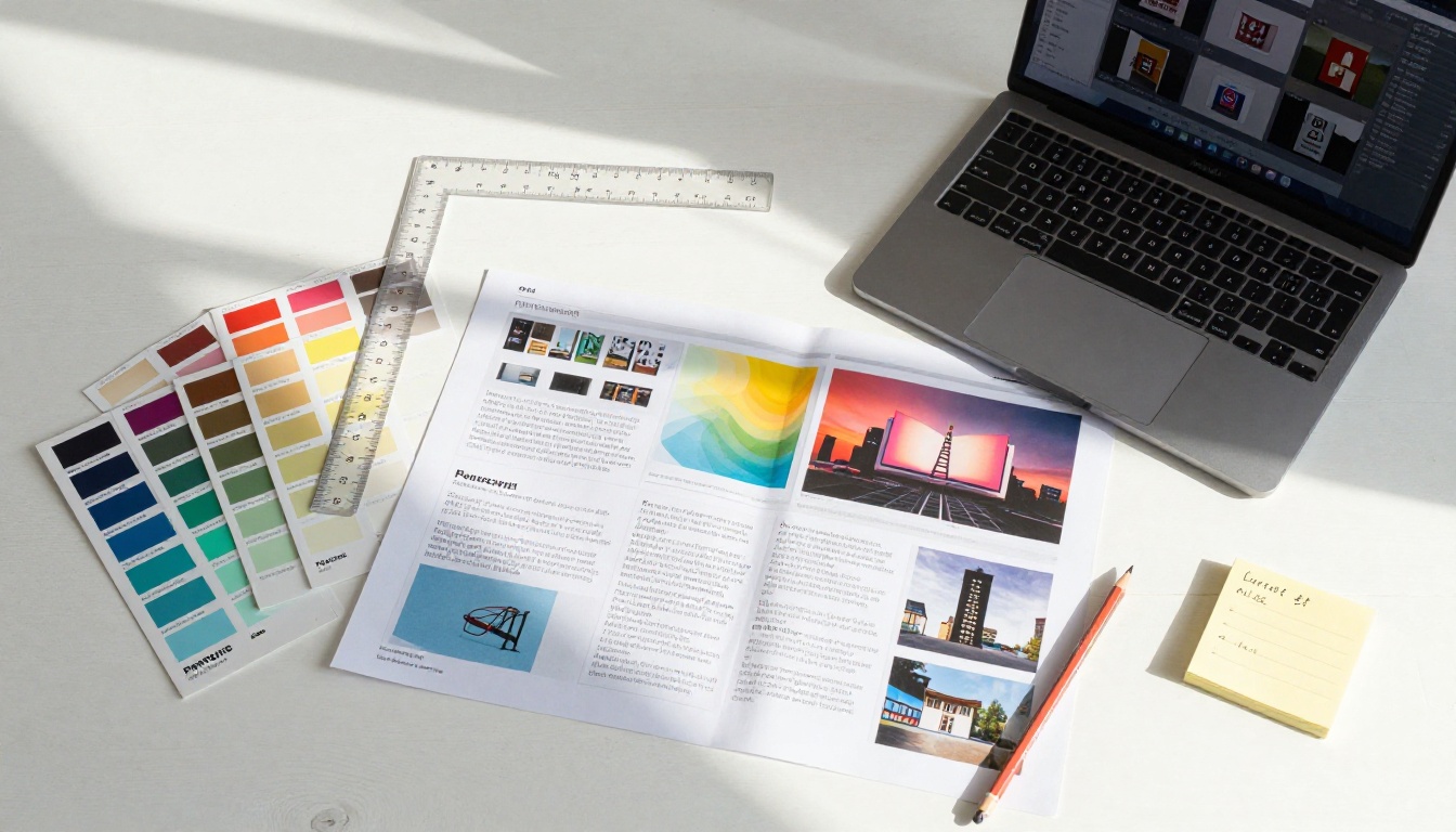 Designer's organized flat-lay workspace with PDF thumbnails, Pantone swatches, and color proofs Designer's organized flat-lay workspace with PDF thumbnails, Pantone swatches, and color proofs