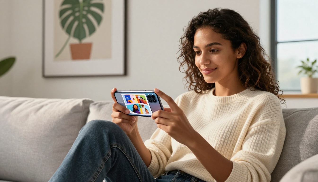 Woman viewing flipbook on smartphone with realistic page-curl animation visible on screen Woman viewing flipbook on smartphone with realistic page-curl animation visible on screen