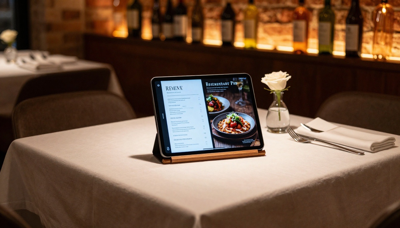 Upscale restaurant table with iPad on wooden stand displaying digital menu as interactive flipbook Upscale restaurant table with iPad on wooden stand displaying digital menu as interactive flipbook