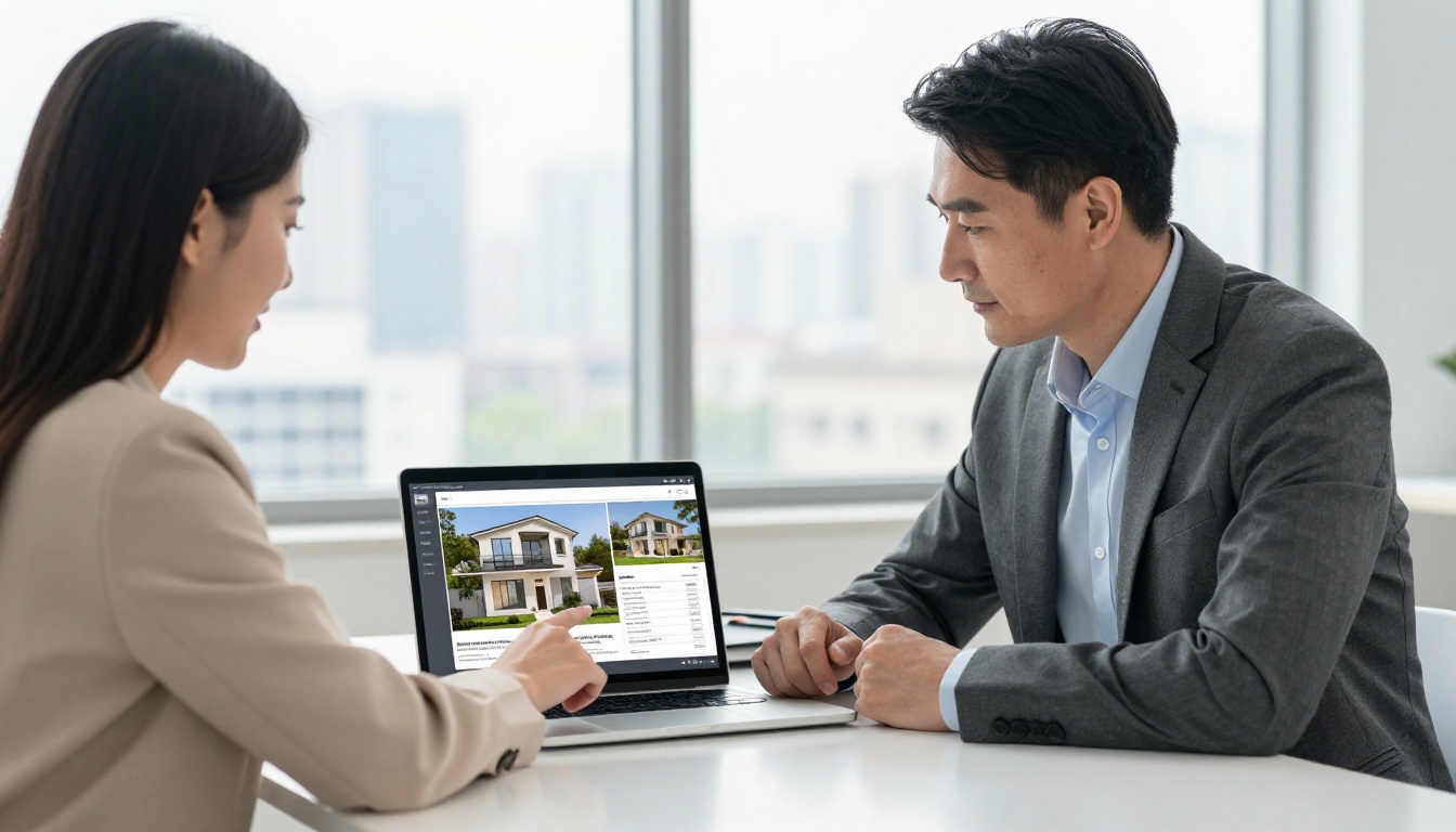 Real estate agent sharing property brochure flipbook on laptop with interested couple Real estate agent sharing property brochure flipbook on laptop with interested couple