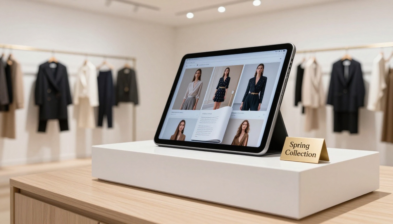 High-end fashion boutique with iPad on white pedestal displaying fashion catalog flipbook High-end fashion boutique with iPad on white pedestal displaying fashion catalog flipbook