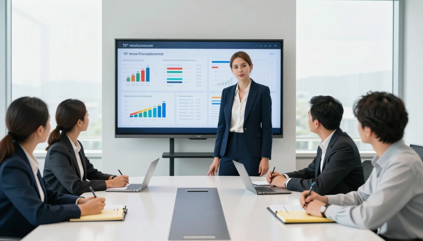 Business professional presenting annual report as digital flipbook on conference room display Business professional presenting annual report as digital flipbook on conference room display