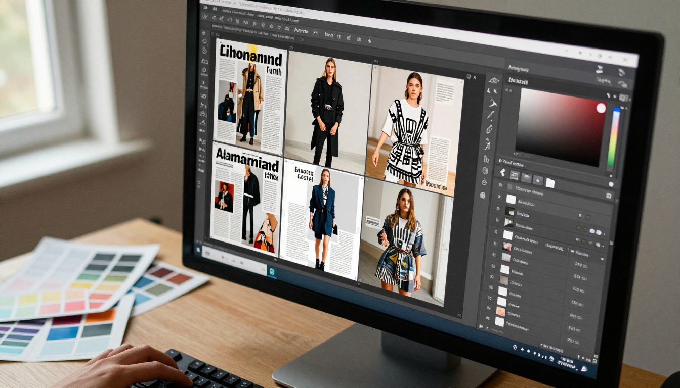 Photoshop workspace showing a magazine layout with organized layers and editorial photography