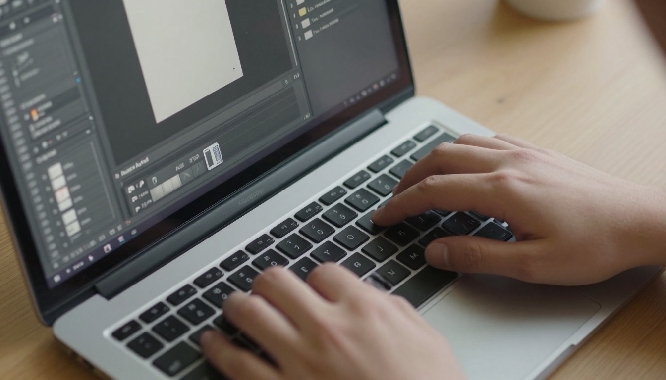 Designer working at desk with Photoshop layout and flipbook preview on dual monitors