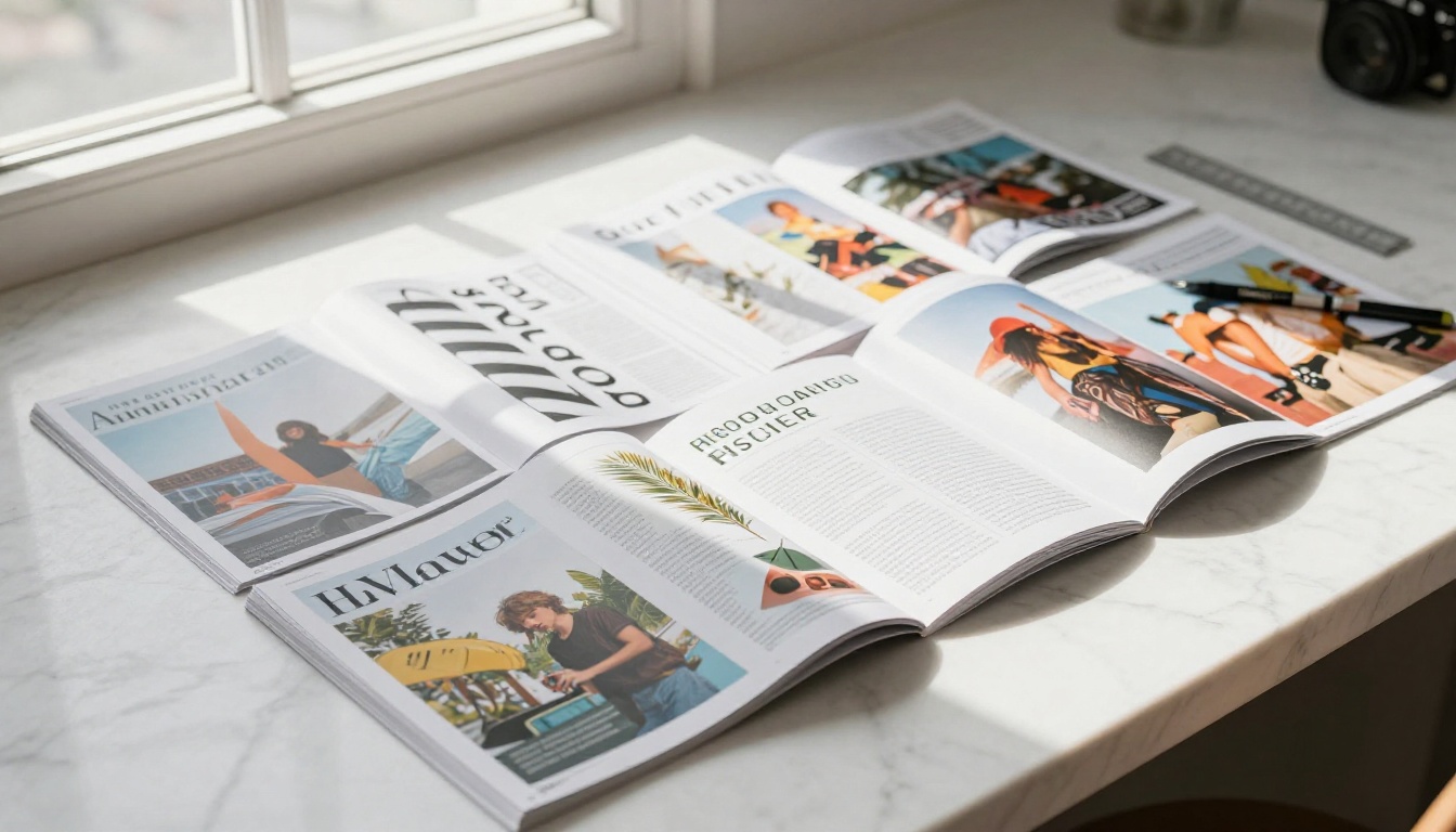 Flat-lay of printed multi-page magazine spreads showing editorial design layouts on marble surface