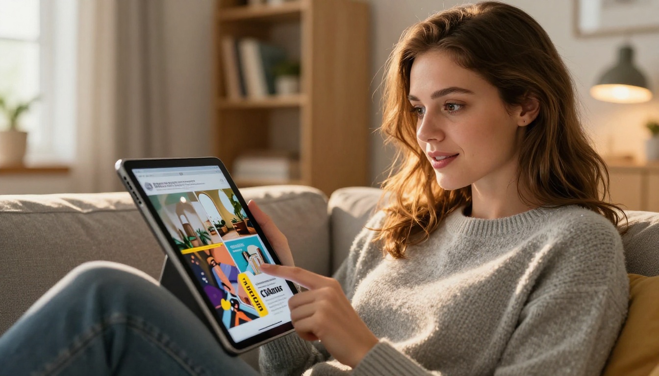Woman reading an interactive digital magazine on a tablet at home with golden hour light behind her