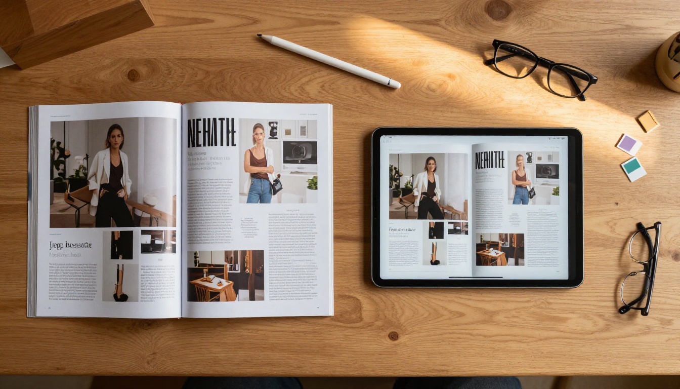 Flat lay comparison of a printed glossy magazine and the same publication shown on a tablet as a digital flipbook
