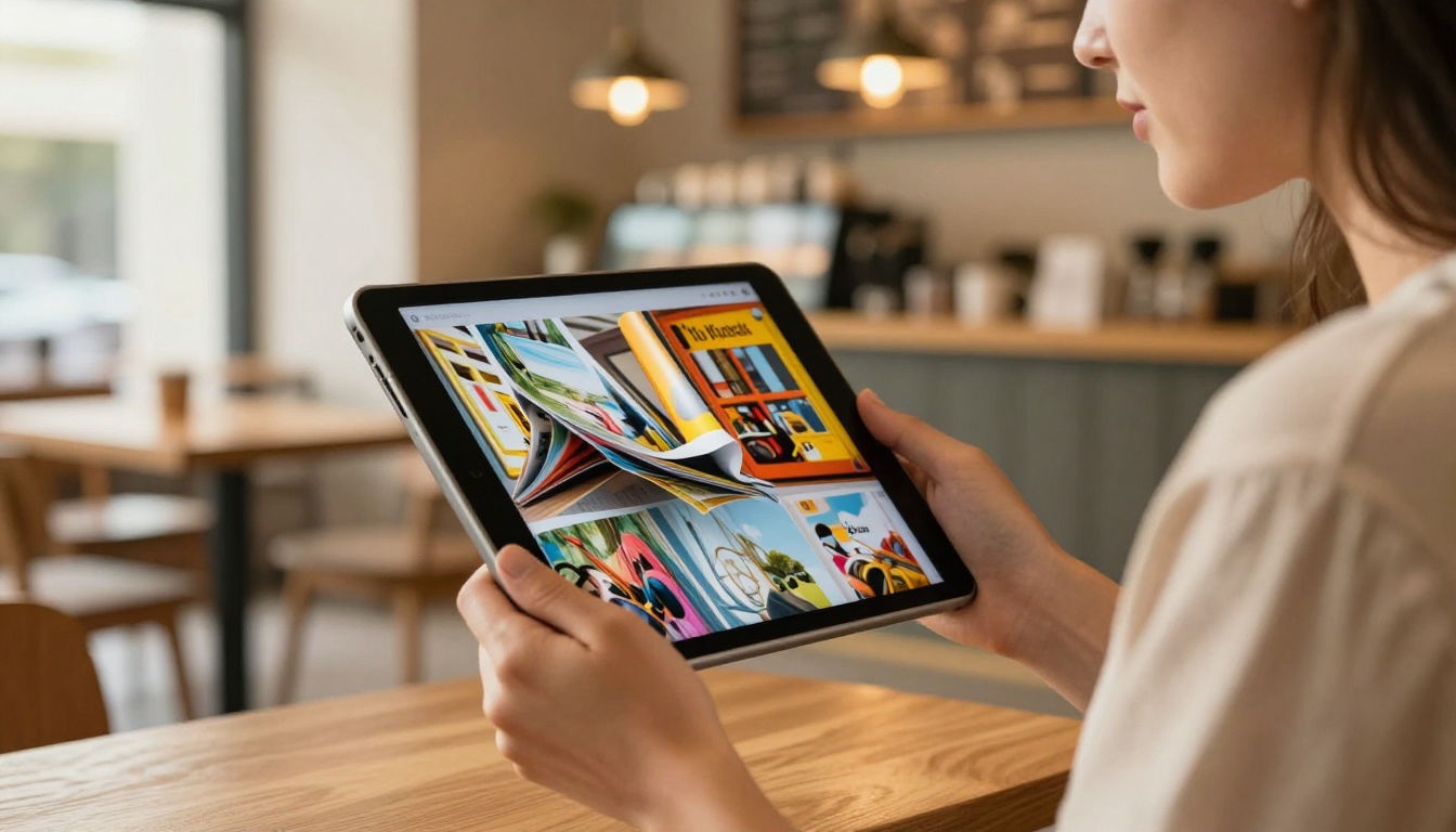 Woman holding tablet in a café showing interactive flipbook with page-turn effect mid-animation