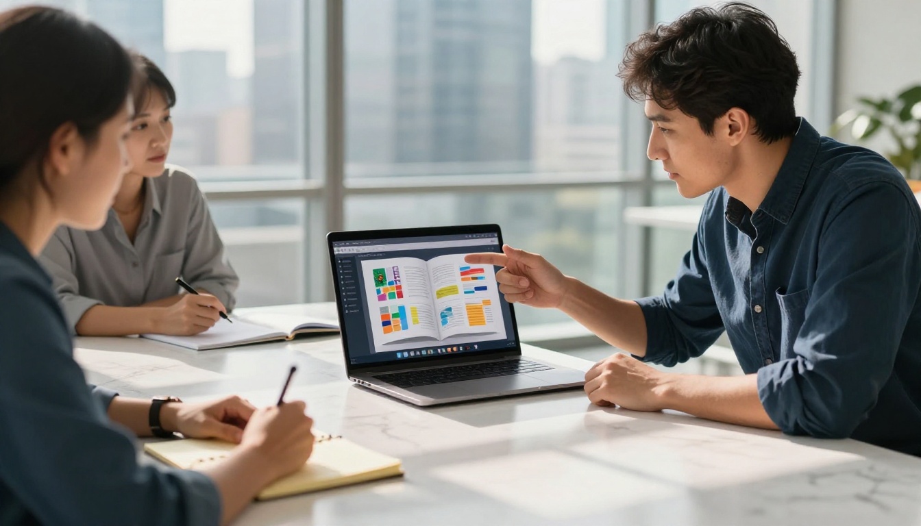 Designer presenting a flipbook on laptop to clients in a glass conference room