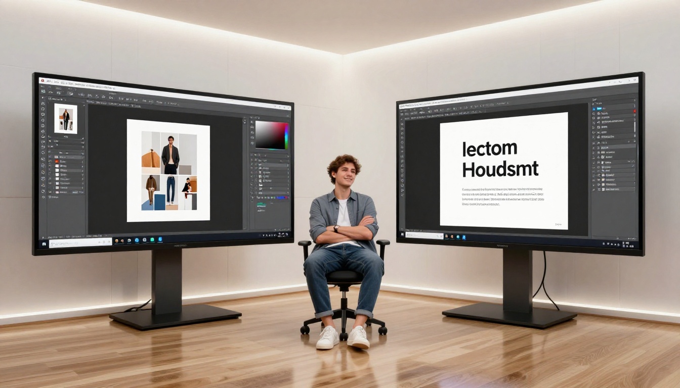 Creative studio showing Photoshop artboard layout on left monitor and finished flipbook browser on right