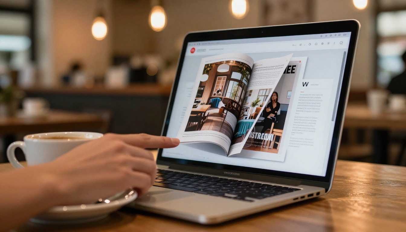 Realistic page-curl animation visible on a laptop screen in a warm café setting with a coffee cup softly blurred in the foreground