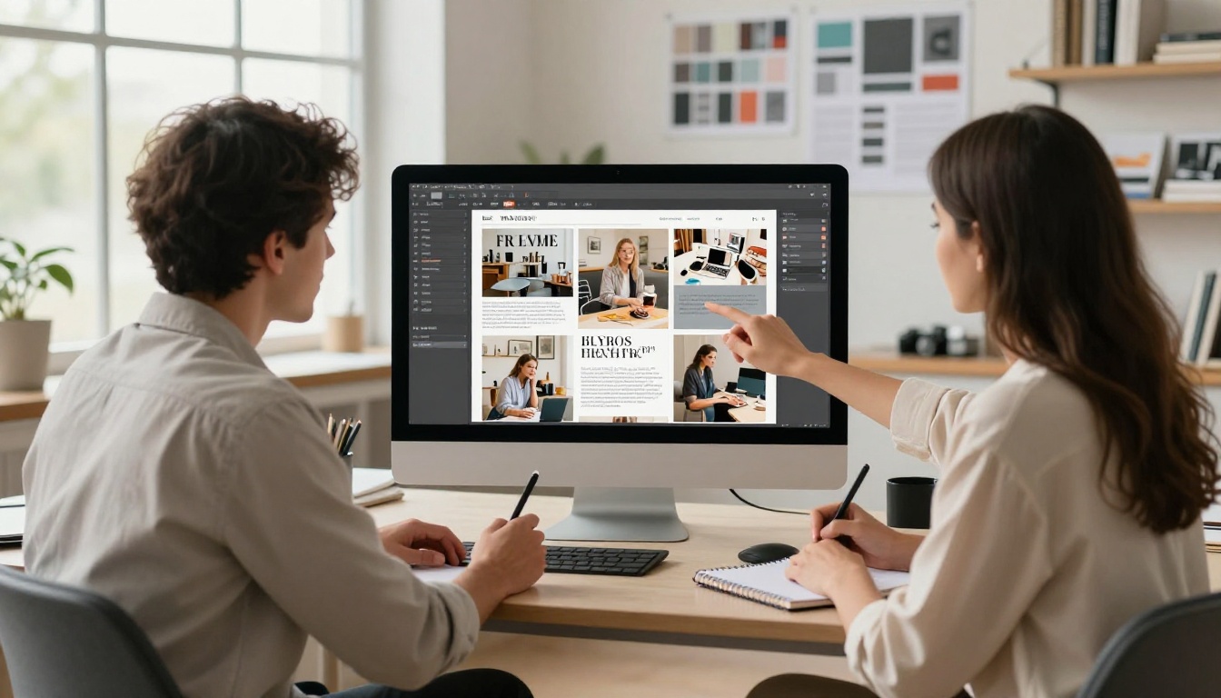 Two creative professionals reviewing a digital magazine publication on a widescreen studio monitor