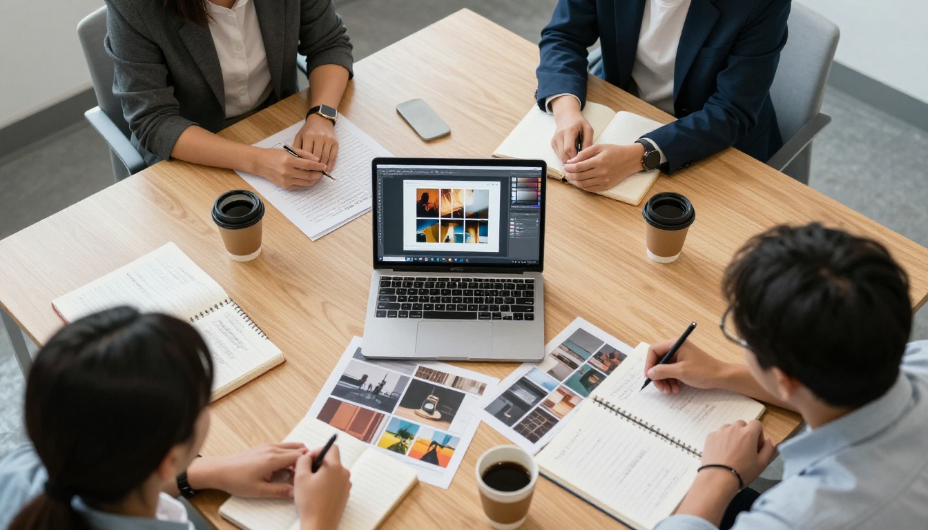 Design team gathered around a conference table reviewing a flipbook presentation on a laptop
