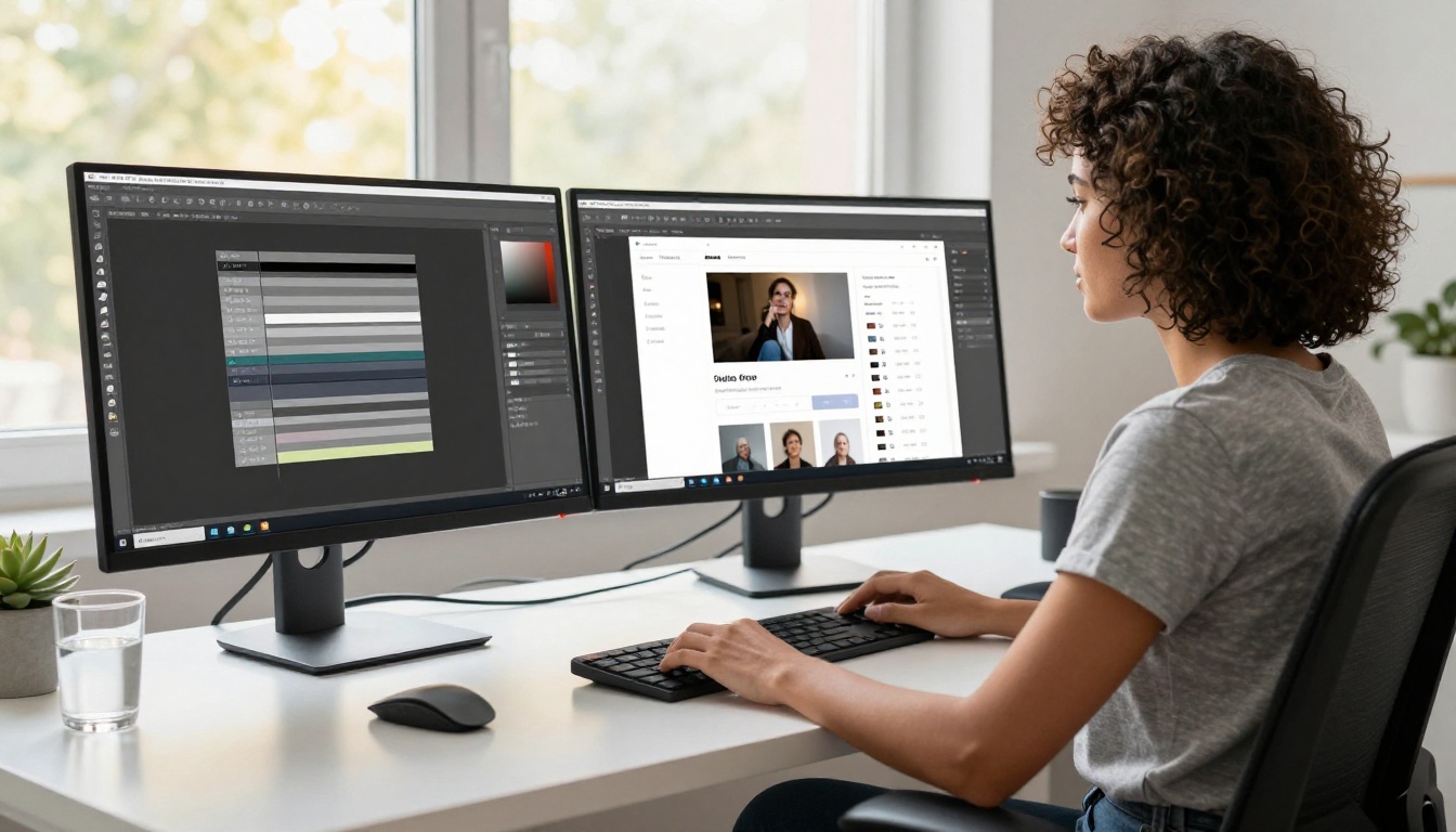 Female designer at dual monitors showing Photoshop document and flipbook upload interface