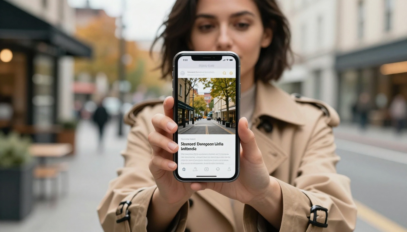 Woman in a trench coat reading a digital magazine on her smartphone outdoors on an autumn city street