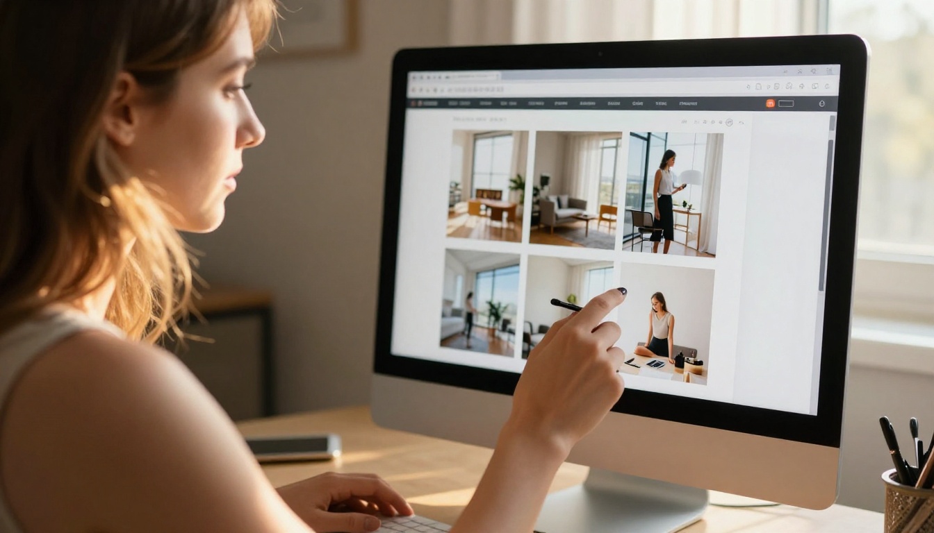 Woman reviewing her photography portfolio flipbook on an iMac in a home studio with warm afternoon light