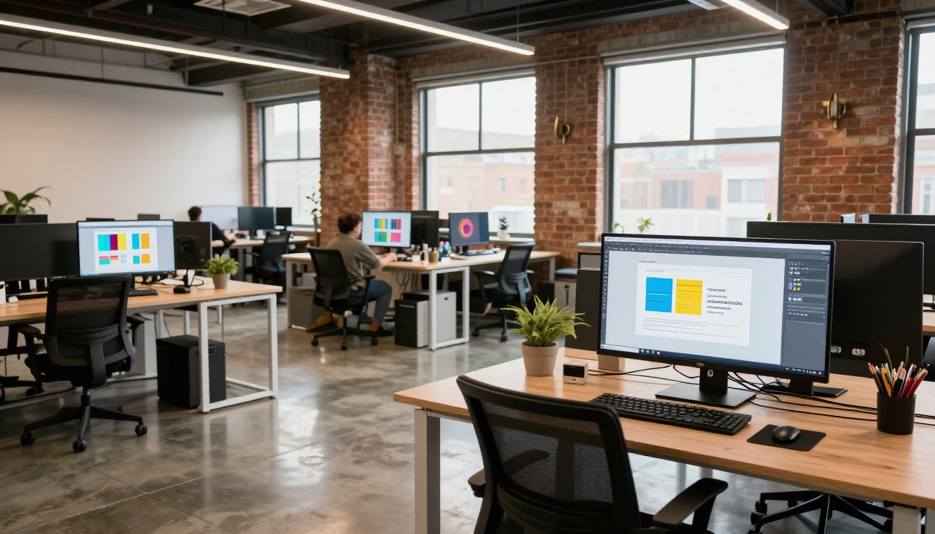 Wide open-plan creative agency office with designers working at standing desks showing design projects on large monitors