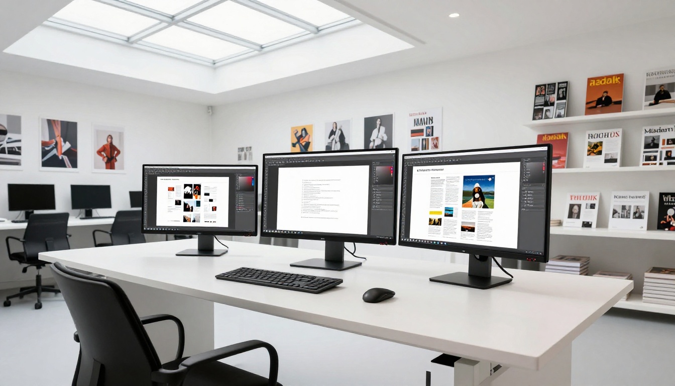 Wide angle low-angle shot of a bright creative studio with three monitors showing the full Photoshop to PDF to flipbook publishing workflow