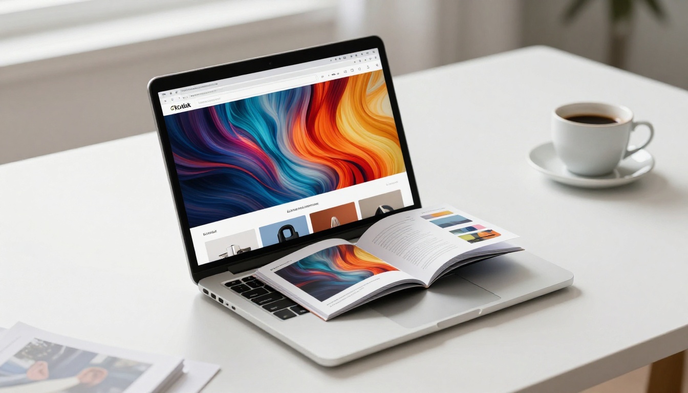 A laptop showing an interactive flipbook in a browser with page-turn animation A laptop showing an interactive flipbook in a browser with page-turn animation