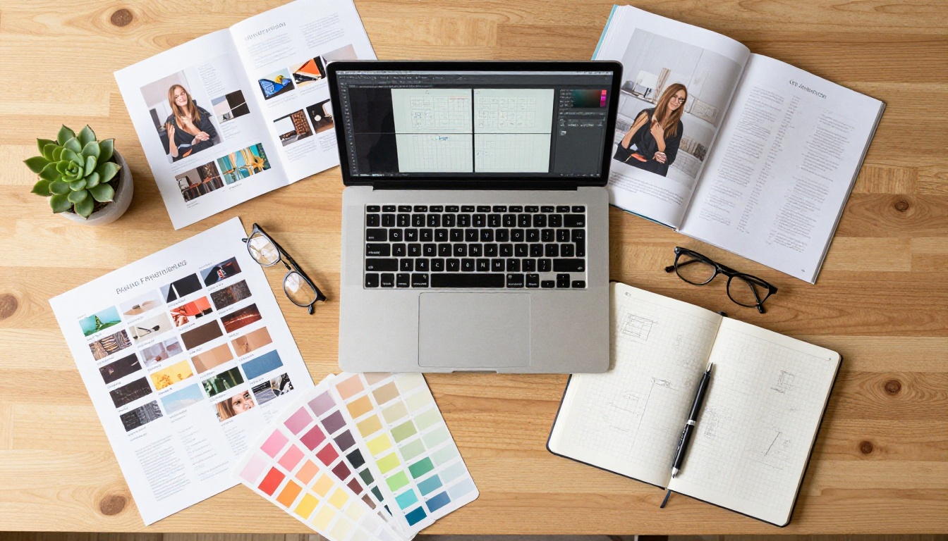 Aerial overhead flat-lay of a designer's workspace with PSD mockups, color swatches, and sketchbook