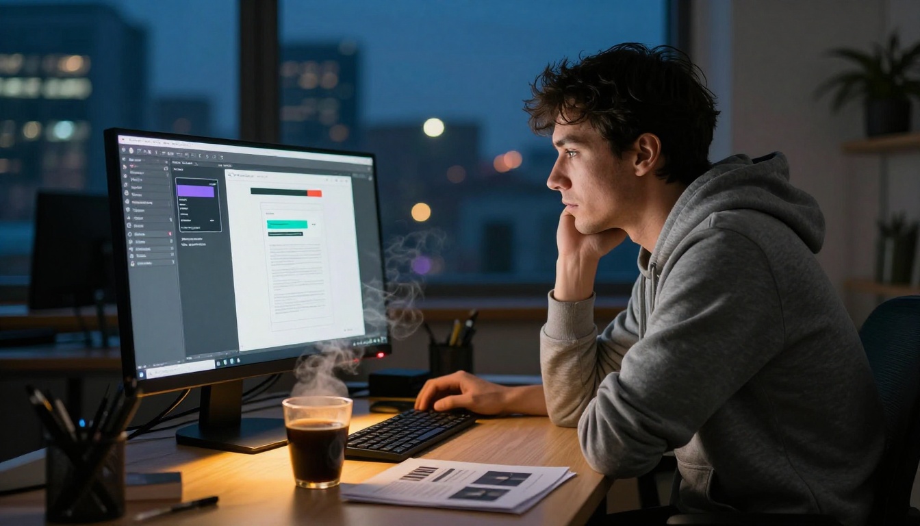 Male designer working alone in the evening with warm amber lamp light and flipbook upload screen