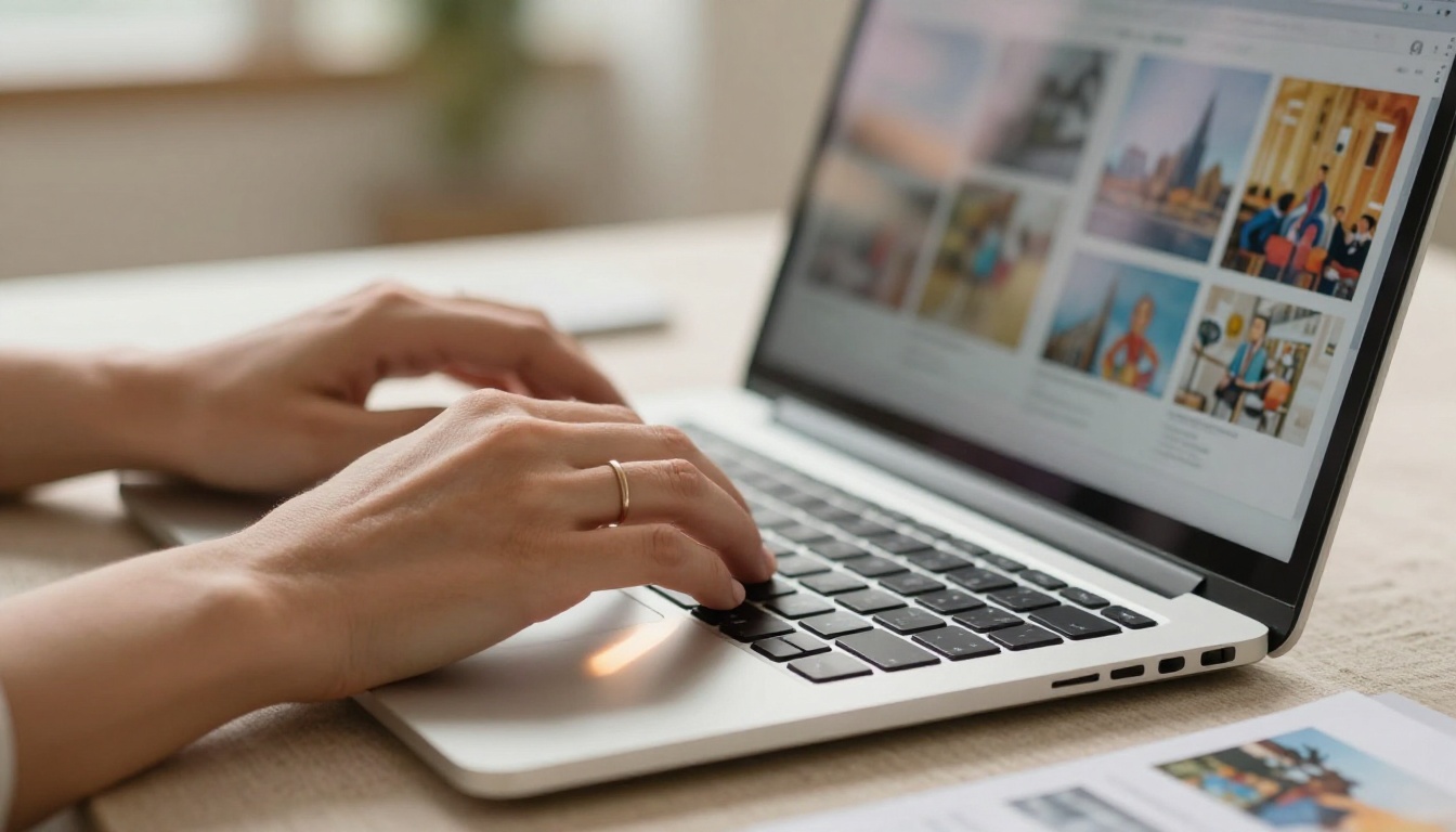 Designer's hands on laptop keyboard navigating an interactive flipbook with page-turn visible on screen