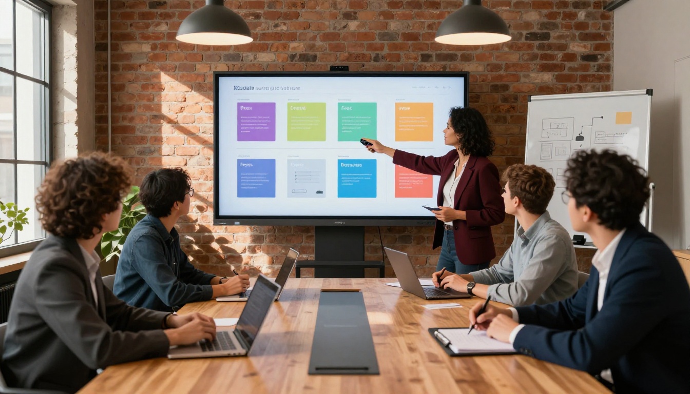 Diverse creative team reviewing a digital flipbook presentation on a large screen in a modern agency