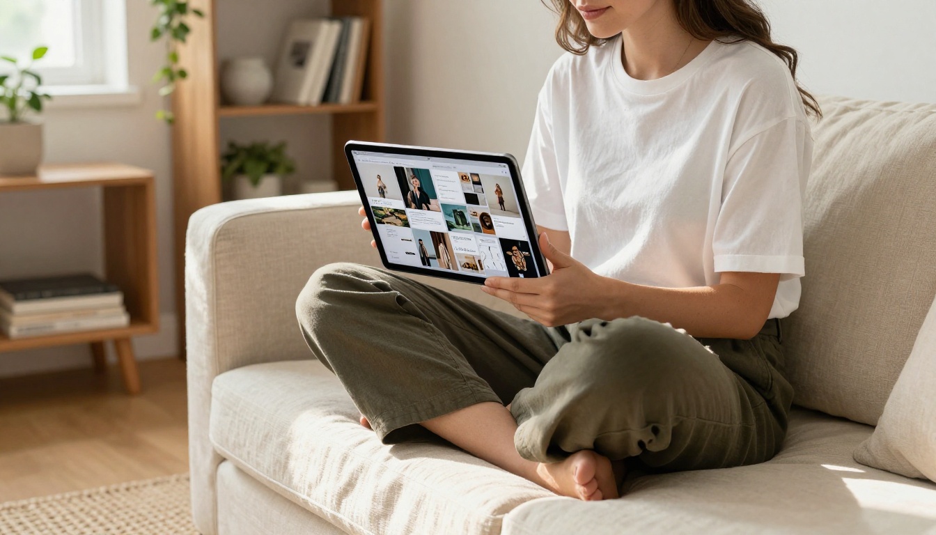 Young woman designer reviewing a portfolio flipbook on iPad while seated on a cream linen sofa