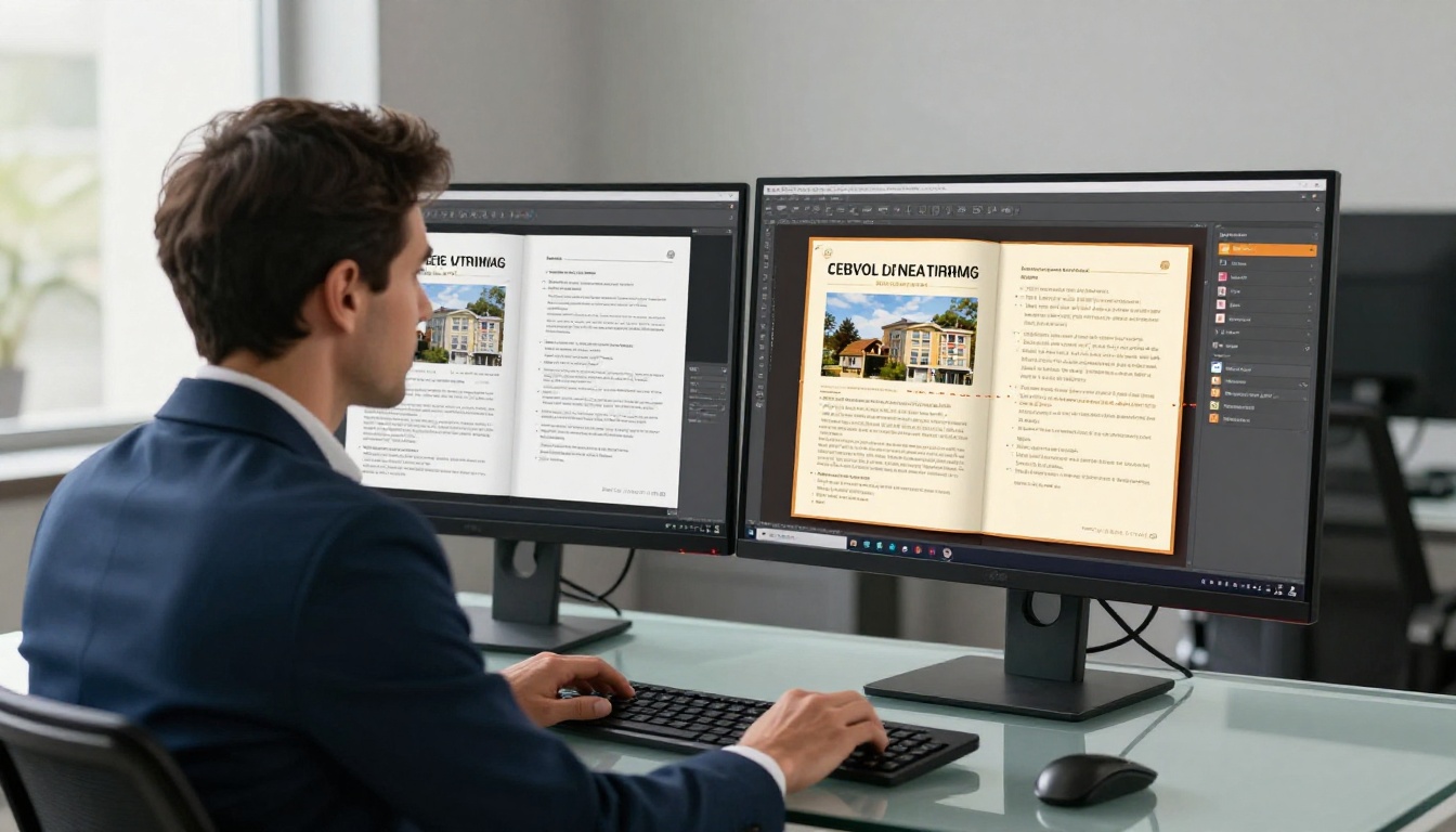 A real estate professional comparing a static PDF brochure with an interactive digital flipbook A real estate professional comparing a static PDF brochure with an interactive digital flipbook