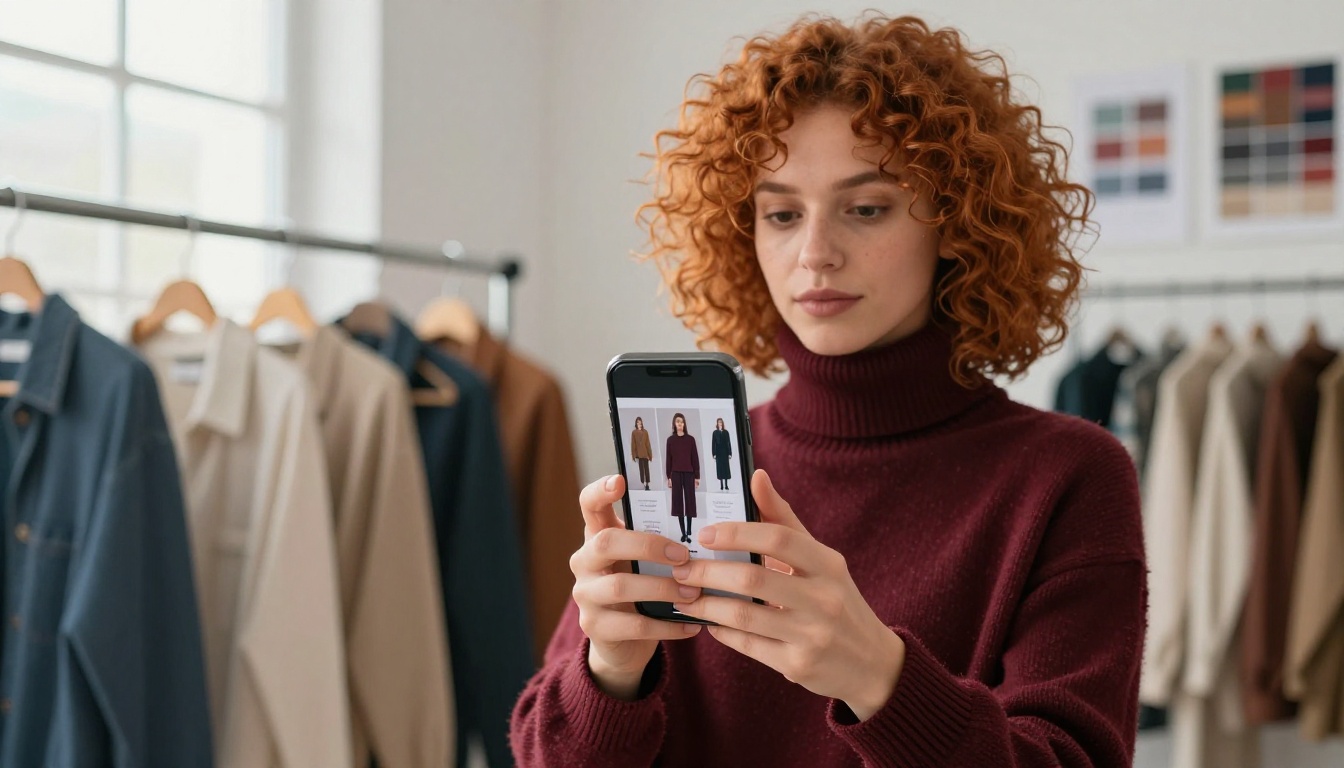A fashion designer viewing a lookbook flipbook on a smartphone in a studio A fashion designer viewing a lookbook flipbook on a smartphone in a studio