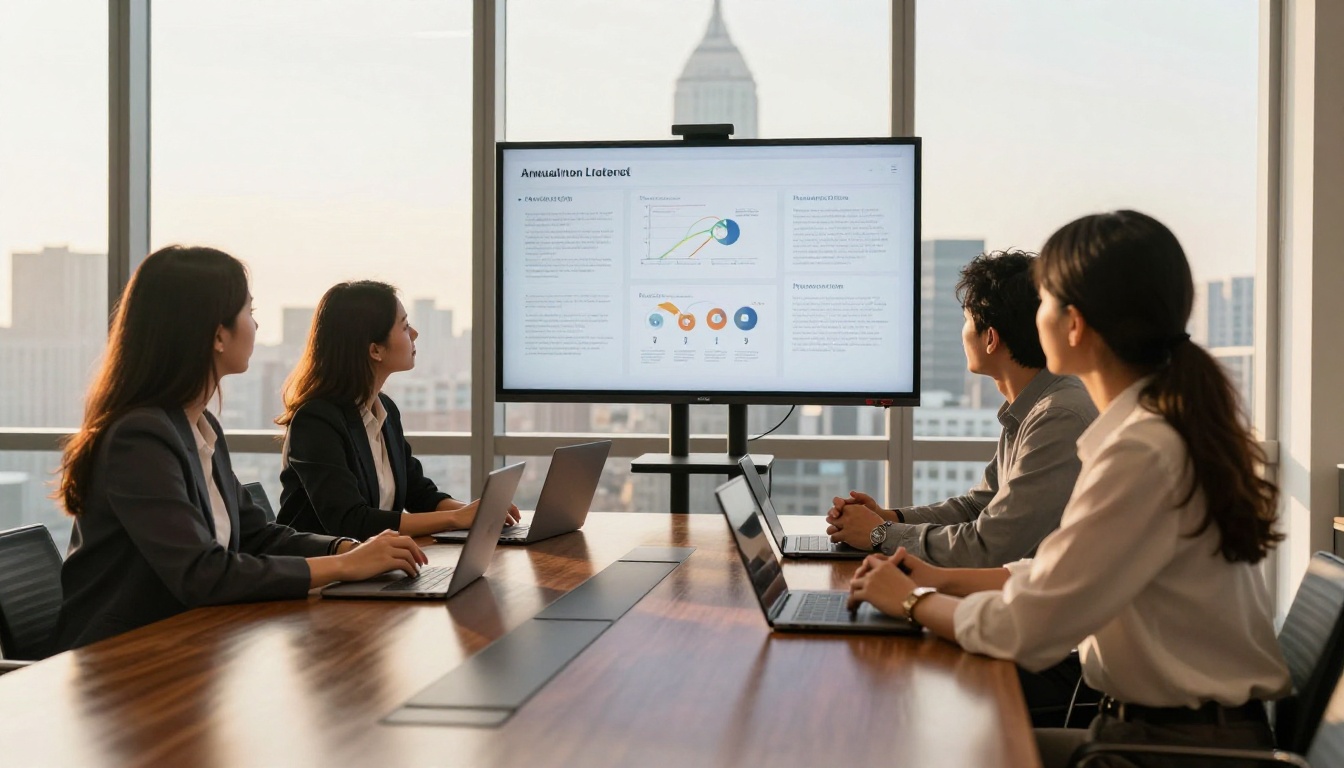 A team reviewing an interactive flipbook annual report on a conference room screen A team reviewing an interactive flipbook annual report on a conference room screen