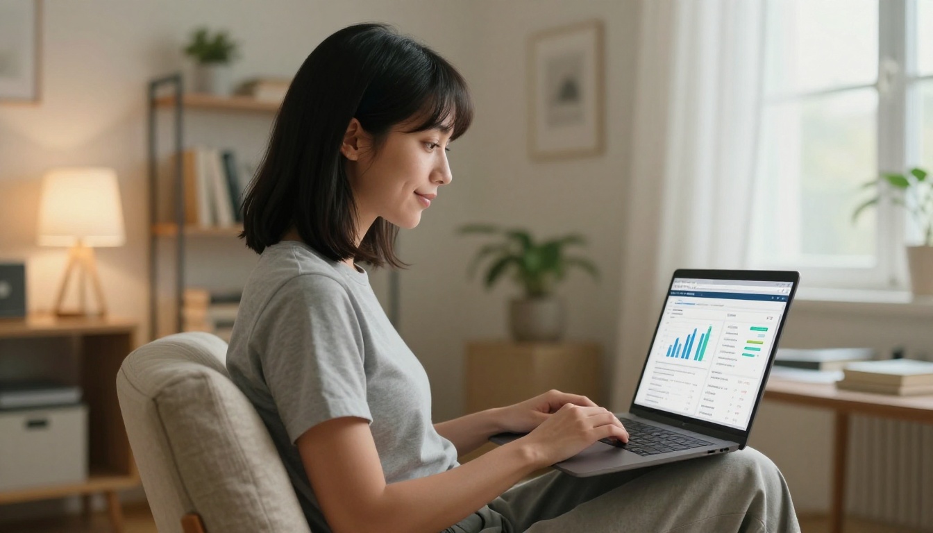 A woman reviewing flipbook analytics on a laptop in a home office A woman reviewing flipbook analytics on a laptop in a home office