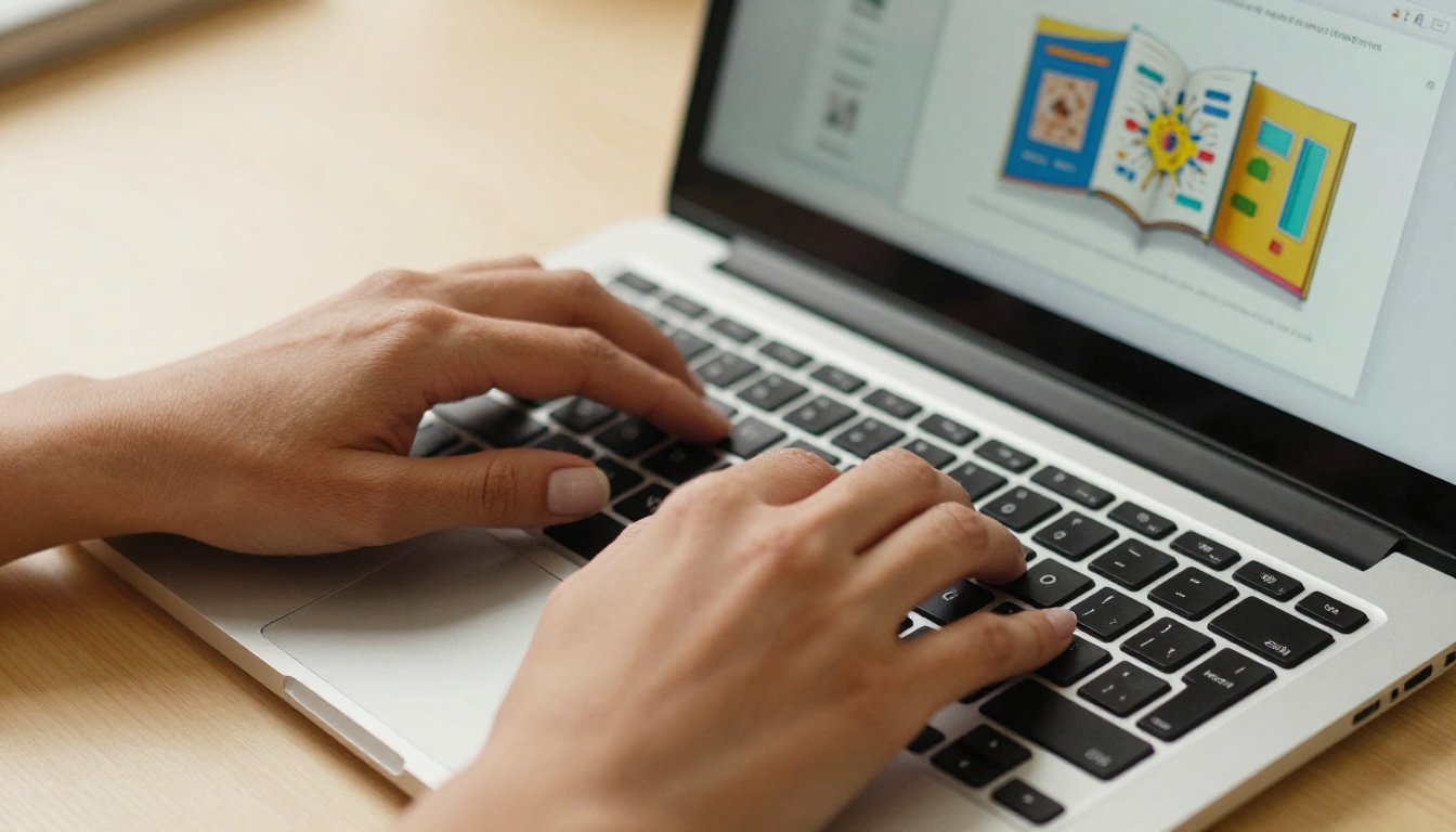 Hands typing on laptop with PDF being converted to a digital flipbook on screen Hands typing on laptop with PDF being converted to a digital flipbook on screen