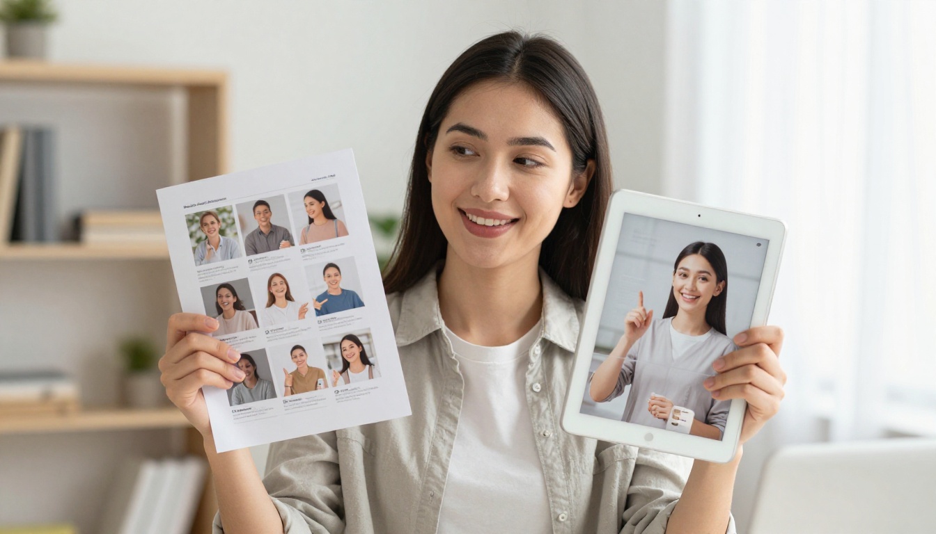 Woman comparing a printed brochure with a digital tablet showing the same content as an interactive flipbook Woman comparing a printed brochure with a digital tablet showing the same content as an interactive flipbook