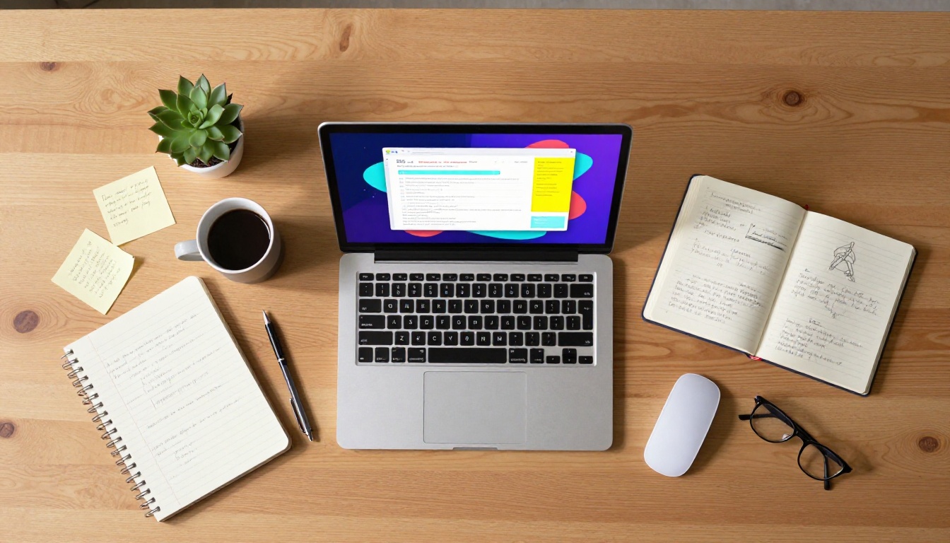 Aerial flat lay view of a modern desk workspace with a laptop showing a digital flipbook interface Aerial flat lay view of a modern desk workspace with a laptop showing a digital flipbook interface