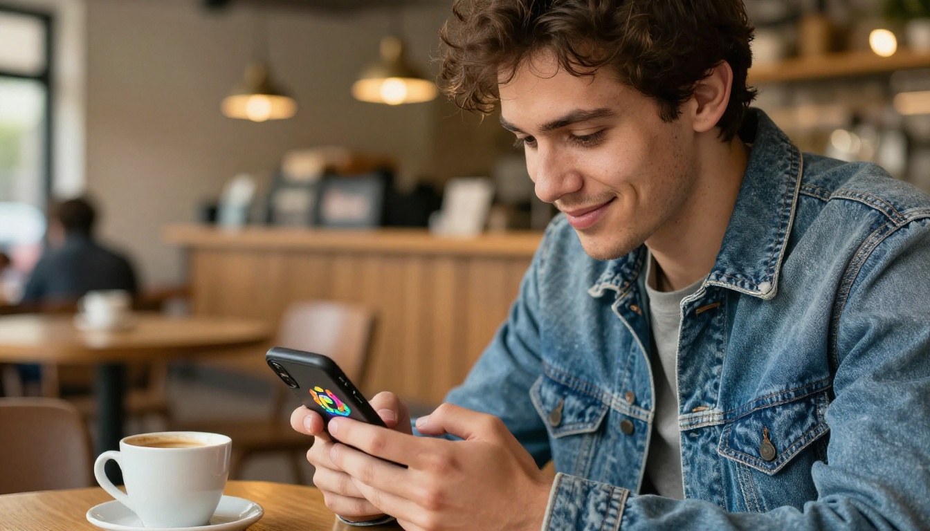 Young man at a cafe smiling while browsing an interactive flipbook on his smartphone Young man at a cafe smiling while browsing an interactive flipbook on his smartphone