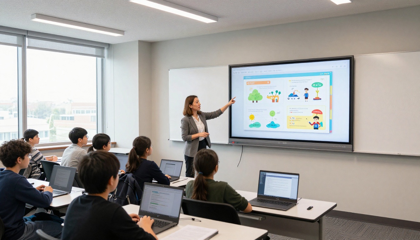 Female teacher pointing at a monitor showing an educational interactive flipbook with students engaged at their desks Female teacher pointing at a monitor showing an educational interactive flipbook with students engaged at their desks
