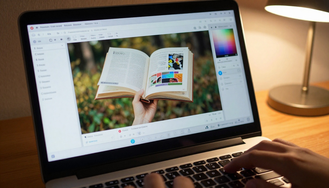 Close-up of a laptop screen showing the flipbook customization interface with color palette and font selection panels Close-up of a laptop screen showing the flipbook customization interface with color palette and font selection panels
