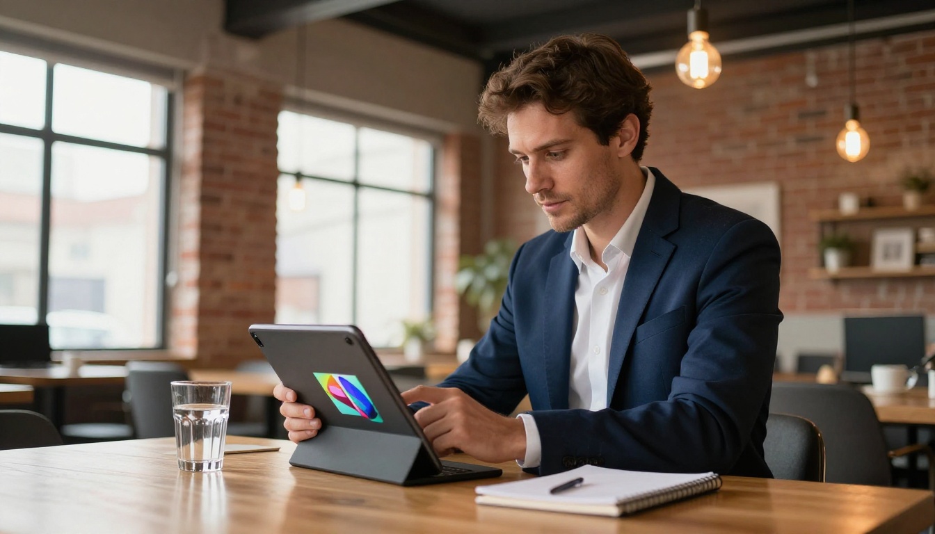 Business professional reviewing digital flipbook on tablet in a modern co-working space