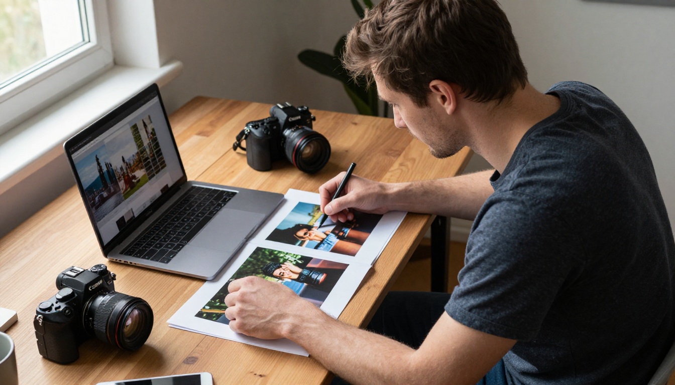 Freelance photographer reviewing a digital portfolio flipbook on a laptop with printed photo samples and a camera nearby Freelance photographer reviewing a digital portfolio flipbook on a laptop with printed photo samples and a camera nearby