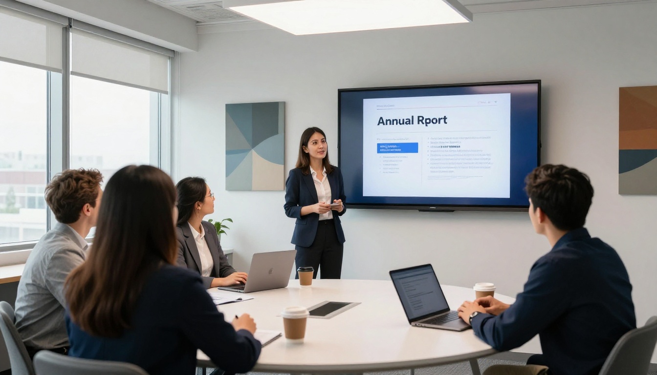 Marketing professional presenting a digital annual report flipbook on a large screen to an engaged team in a modern meeting room Marketing professional presenting a digital annual report flipbook on a large screen to an engaged team in a modern meeting room