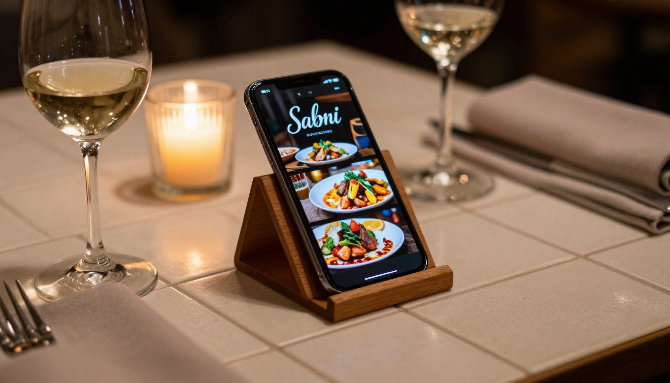 Smartphone showing a digital restaurant menu flipbook on a restaurant table setting