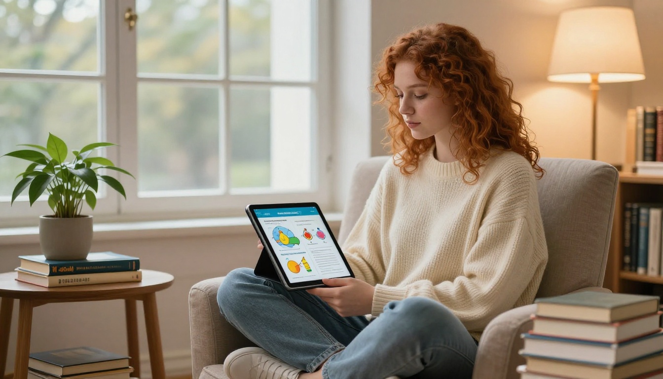 Female student reading an educational flipbook on a tablet in a library armchair